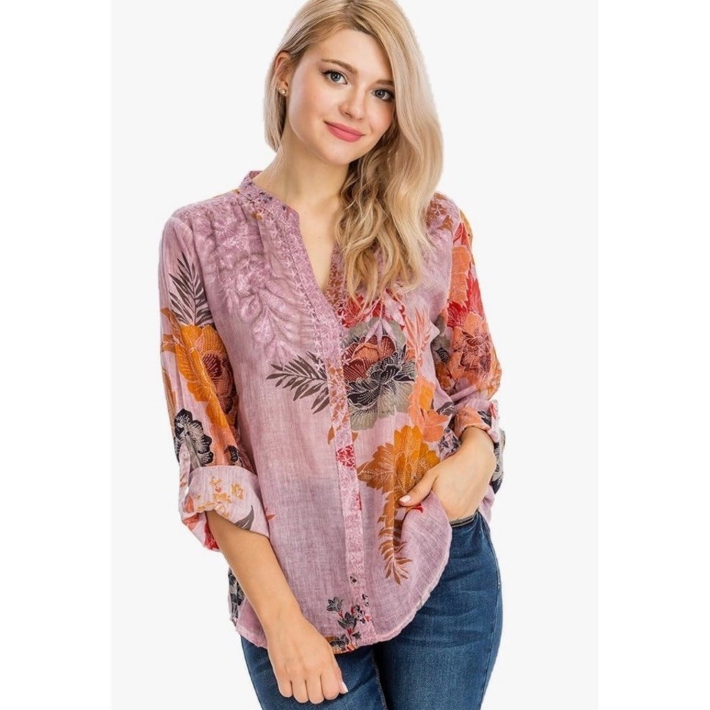 Vintage Gora Womens Pink Floral Print Long sleeve Cotton button down L